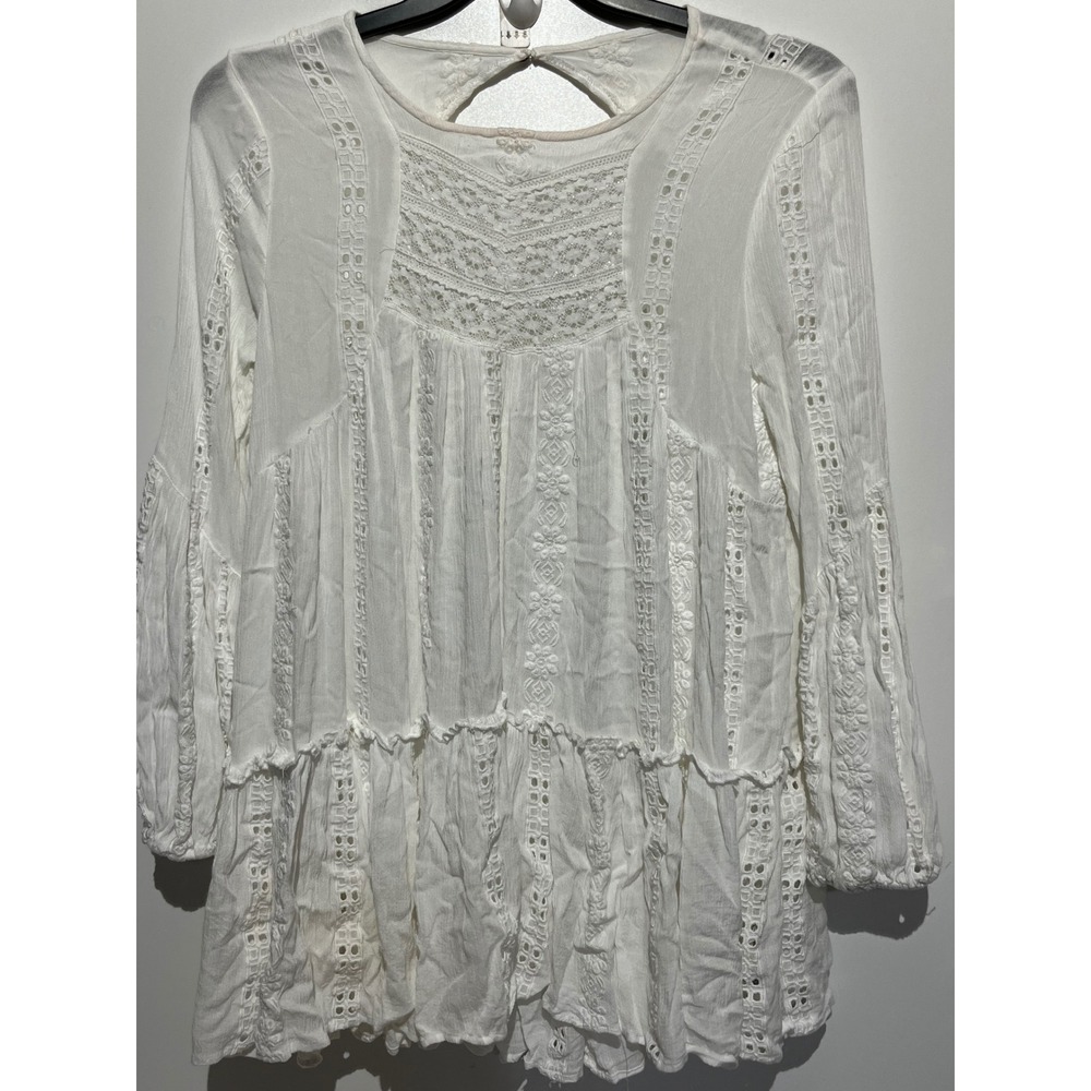 Free People White Embroidered Eyelet Lace Tiered Boho Tunic Top Long Sleeve